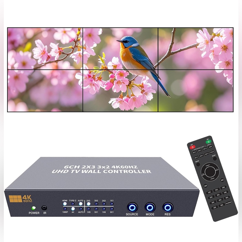 4K UHD Video Wall Display Controller: 6 HDMI Outputs & 1 HDMI + 1 USB-C Input